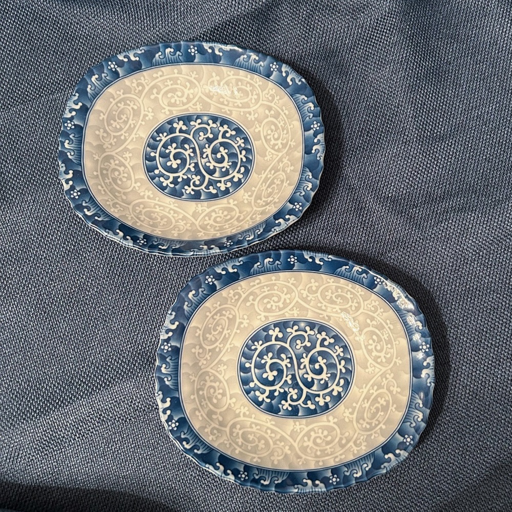 Seokchon Loko Sweet Porcelain Oval Bowls 28591 Blue & Gray 6.5" x 5.5” Set of 2